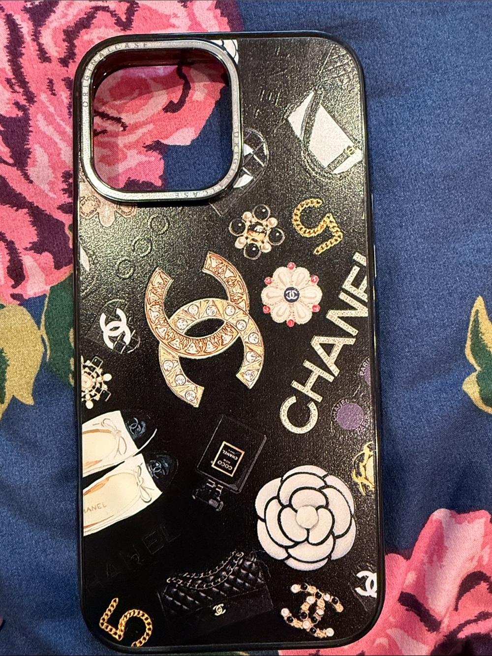Designer-Inspired Black Phone Case with Gold & White Accents